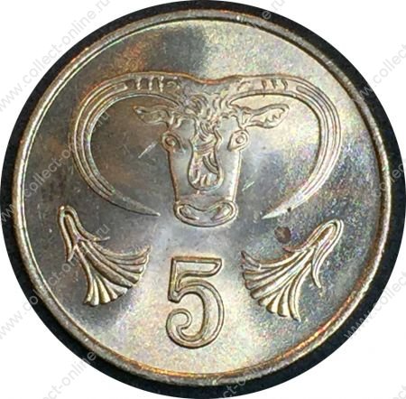 Кипр 1985 г. • KM# 55 • 5 центов • стилизованная голова быка • регулярный выпуск • MS BU