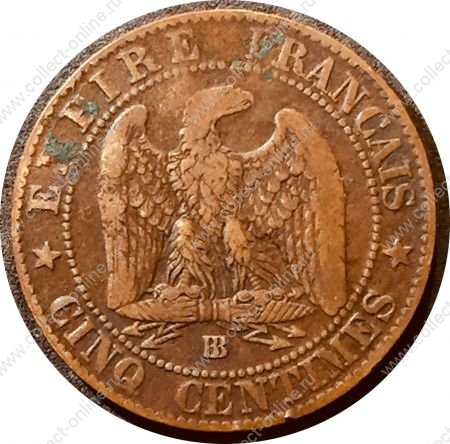 Франция 1865 г. BB(Страсбург) • KM# 797.2 • 5 сантимов • Наполеон III • регулярный выпуск • VF-