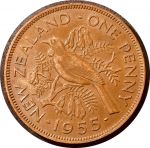 Новая Зеландия 1955 г. • KM# 24.1 • 1 пенни • Елизавета II • птица туи • регулярный выпуск • UNC ( кат.- $10+ )