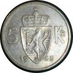 Норвегия 1965 г. • KM# 412 • 5 крон • Улаф V • регулярный выпуск • XF