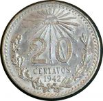 Мексика 1942 г. • KM# 438 • 20 сентаво • серебро • регулярный выпуск • MS BU Люкс!