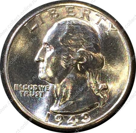 США 1943 г. • KM# 164 • квотер (25 центов) • Джордж Вашингтон • серебро • регулярный выпуск • MS BU Люкс!!
