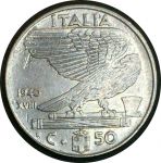 Италия 1940 г. R • KM# 76a • 50 чентезимо • Виктор Эммануил III • регулярный выпуск • AU+