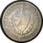 Куба 1915 г. • KM# 13.2 • 20 сентаво • звезда и герб • (серебро) • регулярный выпуск • VF