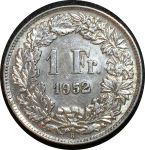 Швейцария 1952 г. B (Берн) • KM# 24 • 1 франк • серебро • регулярный выпуск • BU
