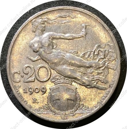 Италия 1909 г. R KM# 44 • 20 чентезимо • "Италия" в полете • регулярный выпуск • AU+ ( кат. - $30+ ) 