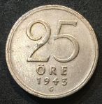Швеция 1943 г. G • KM# 816 • 25 эре • билон • Корона • первый год чеканки типа • регулярный выпуск • XF-