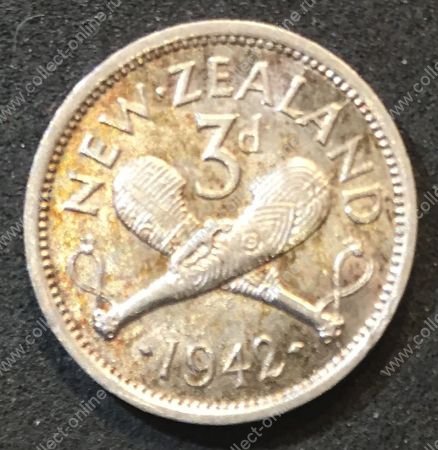 Новая Зеландия 1942 г. • KM# 7 • 3 пенса • серебро • регулярный выпуск • MS BU (кат - $40 )
