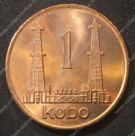 Нигерия 1974 г. • KM# 8.1 • 1 кобо • герб Нигерии • нефтяные вышки • регулярный выпуск • MS BU люкс