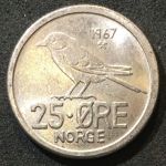 Норвегия 1967 г. • KM# 407 • 25 эре • воробей • регулярный выпуск • BU-