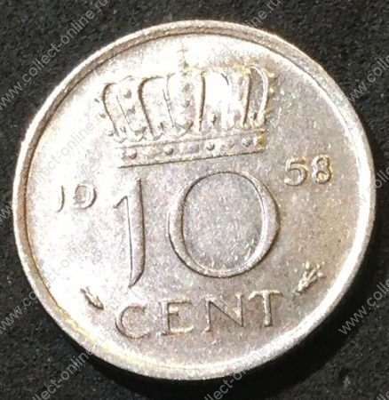Нидерланды 1958 г. • KM# 182 • 10 центов • королева Юлиана • регулярный выпуск • AU+ ( кат.- $8,00 )