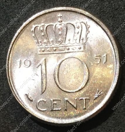 Нидерланды 1951 г. • KM# 182 • 10 центов • королева Юлиана • регулярный выпуск • MS BU ( кат.- $12,00 )