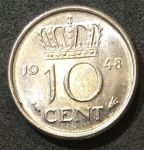 Нидерланды 1948 г. • KM# 177 • 10 центов • год - тип • королева Вильгельмина • регулярный выпуск • BU- ( кат.- $15,00 )