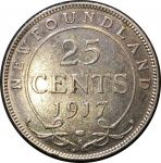 Ньюфаундленд 1917 г. C • KM# 17 • 25 центов • Георг V • серебро • регулярный выпуск • XF-