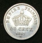 Франция 1867 г. A (Париж) KM# 808.1 • 20 сантимов • император Наполеон III • регулярный выпуск • XF- ( кат.- $15,00 )