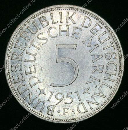 Германия ФРГ 1951 г. • F (Штутгарт) KM# 112.1 • 5 марок • серебро • первый год чеканки типа • регулярный выпуск • BU- ( кат.- $75,00 )