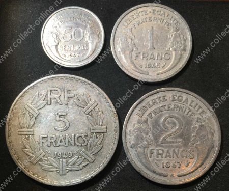 Франция 1941-1950 гг. KM# 885-6,888 и 894 • 50 сантимов, 1,2 и 5 франков • VF-XF
