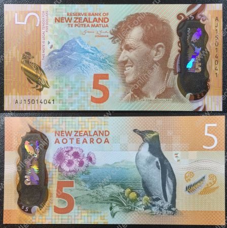 Новая Зеландия 2015 г. • P# 191 • 5 долларов • Эдмунд Хиллари • пингвин • регулярный выпуск(полимер) • UNC пресс