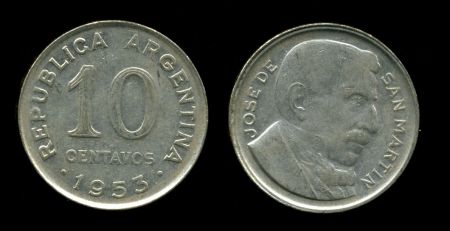 Аргентина 1952-1953 гг. • KM# 47a • 10 сентавос • Хосе де Сан Мартин • регулярный выпуск • +/- XF