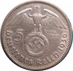 Германия • 3-й рейх 1936 г. A (Берлин) • KM# 94 • 5 рейхсмарок • (серебро) • символ Рейха • Гинденбург • регулярный выпуск • XF