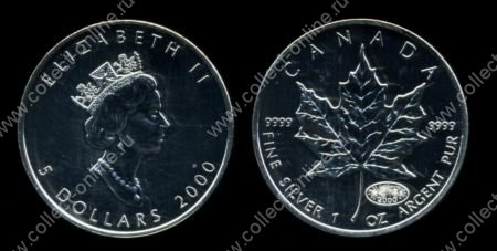 Канада 2000 г. • KM# 363 • 5 долларов • Елизавета II • кленовый лист • инвестиционный выпуск • MS BU