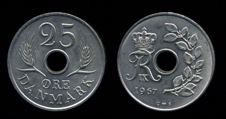 Дания 1966-1971 г. • KM# 855.1 • 25 эре • королевская монограмма • регулярный выпуск • BU - MS BU