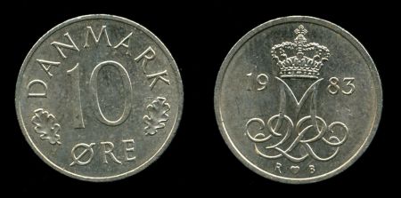 Дания 1982-1988 гг. • KM# 860.3 • 10 эре • королевская монограмма • регулярный выпуск • BU - MS BU