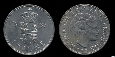Дания 1982-1989 гг. • KM# 862.3 • 1 крона • королева Маргарет • регулярный выпуск • AU-UNC