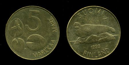 Финляндия 1993-2001 г. • KM# 73 • 5 марок • тюлень • регулярный выпуск • XF - AU