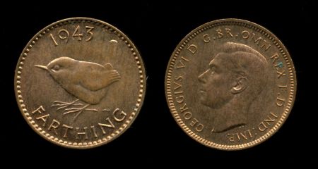 Великобритания 1943 г. KM# 843 • 1 фартинг • воробей • регулярный выпуск • MS BU ( кат.- $6,00 )
