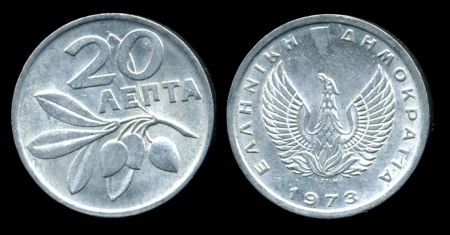 Греция 1973 г. • KM# 105 • 20 лепт • Феникс • оливковая ветвь • регулярный выпуск • BU ( кат.- $5,00 )