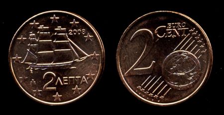 Греция 2008 г. • KM# 182 • 2 евроцента • парусник XVIII века • регулярный выпуск • MS BU люкс!  