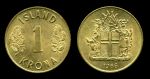 Исландия 1966 г. • KM# 12a • 1 крона • герб Республики • регулярный выпуск • MS BU