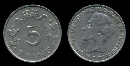 Люксембург 1949 г. • KM# 50 • 5 франков • Герцогиня Шарлотта • регулярный выпуск • XF-AU