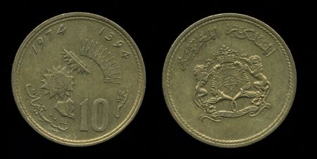 МАРОККО 1974г. Y# 60 / 10 САНТИМАТОВ / XF-AU / ГЕРБЫ