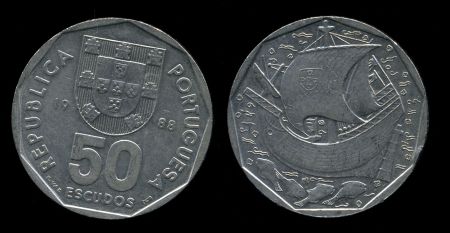 Португалия 1986-2000 гг. • KM# 636 • 50 эскудо • герб Республики • каравелла • регулярный выпуск • +/- AU