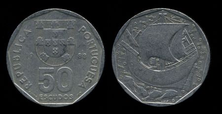 Португалия 1986-2000 гг. • KM# 636 • 50 эскудо • герб Республики • каравелла • регулярный выпуск • +/- XF