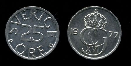 Швеция 1976-1984 гг. • KM# 851 • 25 эре • Королевская монограмма • регулярный выпуск • MS BU