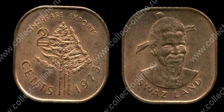 Свазиленд 1975 г. • KM# 22 • 2 цента • Собуза II • деревья • регулярный выпуск • MS BU