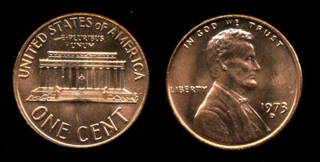США 1973 г. D • KM# 201 • 1 цент • Авраам Линкольн • мемориал • регулярный выпуск • MS BU