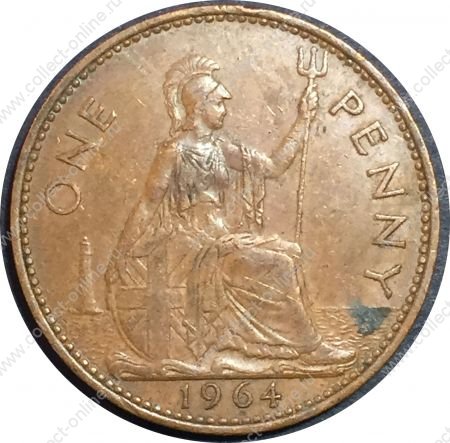 Великобритания 1964 г. • KM# 897 • 1 пенни • Елизавета II • регулярный выпуск • XF