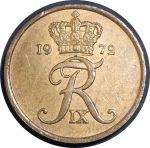 Дания 1972 г. • KM# 848.2 • 5 эре • королевская монограмма • регулярный выпуск • UNC
