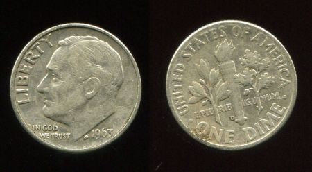 США 1963 г. • KM# 195 • дайм(10 центов) • (серебро) • Франклин Рузвельт • факел • регулярный выпуск • XF+