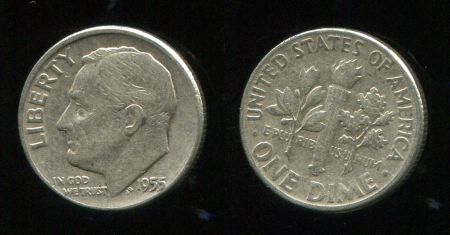 США 1955г. KM# 195 / 10 ЦЕНТОВ(ДАЙМ) СЕРЕБРО +/- XF / РУЗВЕЛЬТ  