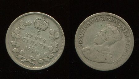 Канада 1920 г. • KM# 22a • 5 центов • Георг V • серебро • регулярный выпуск • VG