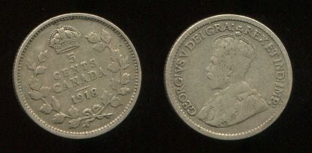 Канада 1918 г. • KM# 22 • 5 центов • Георг V • серебро • регулярный выпуск • F-VF