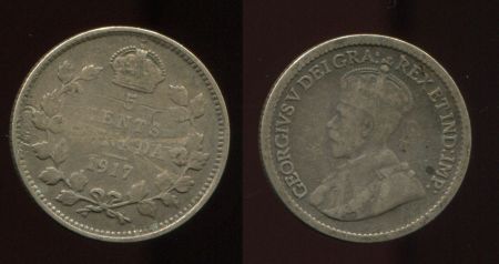 Канада 1917 г. • KM# 22 • 5 центов • Георг V • серебро • регулярный выпуск • F