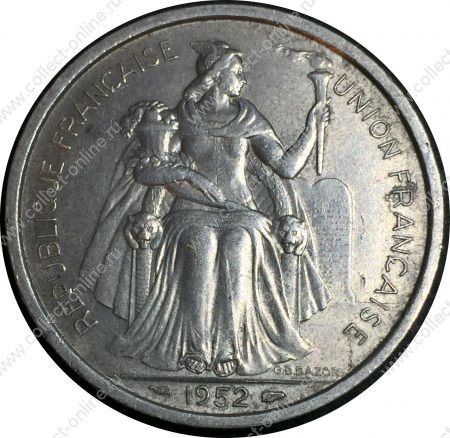 Новая Каледония 1952 г. • KM# 4 • 5 франков • птица Кагу • регулярный выпуск • BU