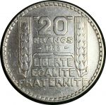 Франция 1933 г. • KM# 879 • 20 франков • "Марианна" • регулярный выпуск • серебро • AU ( кат. - $25+ )