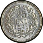 Нидерланды 1941 г. • KM# 164 • 25 центов • королева Вильгельмина I • серебро • регулярный выпуск • MS BU